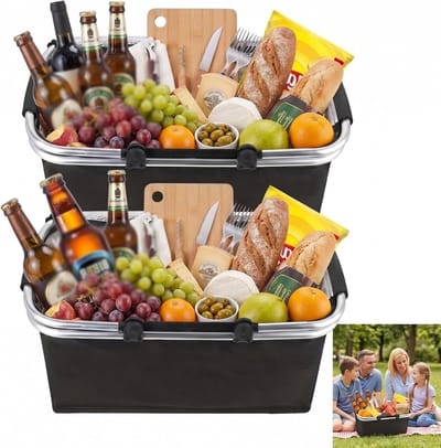 Opvouwbare boodschappenmand en koelbox, ideaal voor picknicks en winkelen, 18 liter, 2 stuks, met gevoerde handgrepen