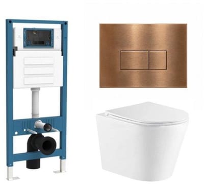 QeramiQ Dely Toiletset - inbouwreservoir Qeramiq Flush - slim zitting - metaal koper bedieningsplaat - rechthoekige knoppen - mat wit