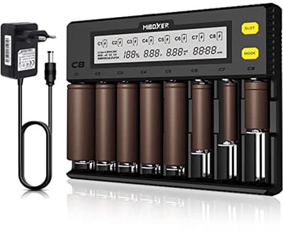 Universele batterijlader, AUKSKY 18650 batterijlader met LCD-display voor batterijen NI-MH, NI-Cd, AA, AAA, 14500, 18350, 21700, 26650, Li-Ion LiFePO4, RCR123A (8 slots)