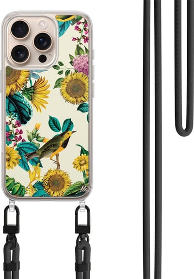 Casimoda® hoesje met koord - Geschikt voor iPhone 16 Pro Max - Zonnebloemen / Bloemen - Afneembaar koord - TPU/polycarbonaat - Geel