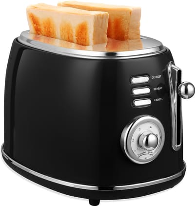 MOA Retro Broodrooster - 6 Warmteniveaus - 2 Extra Brede Sleuven - 850W - Reheat en Ontdooi-functie - Zwart - T3B