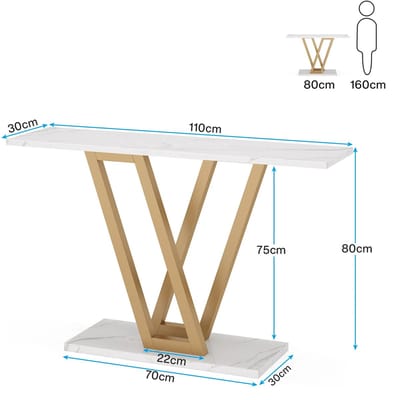OKWISH Consoletafel – Smal Ontwerp – Voor Hal En Woonkamer – Met V-Vormig Metalen Onderstel – Wit En Goud – 110x30x80 cm
