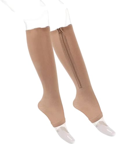 Unisex Compressiekousen met Rits – Kniehoog & Open Teen – Tegen Vermoeide Benen en Spataderen – Beige(S-M)