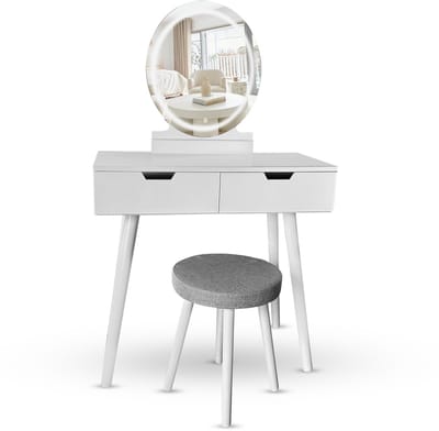 Lexorion Elite - Make Up Tafel – Kaptafel met LED Spiegel – Herschrijfbare Touchscreen Verlichting – 2 Lades – Draaibare Ronde Spiegel – Wit – Bureau & Make-up Hoek