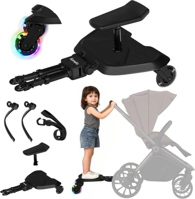 Meerijdplank Kinderwagen - Sta-zit plateau - Comfortabel Reizen - Verstelbaar Zadel LED - 25 kg Draaglast - Zwart