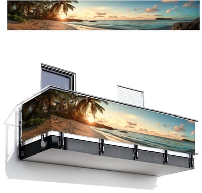 Balkonscherm 500x75 cm - Balkonposter Strand - Palmbomen - Oceaan - Zonsondergang - Balkon scherm decoratie - Balkonschermen - Balkondoek zonnescherm