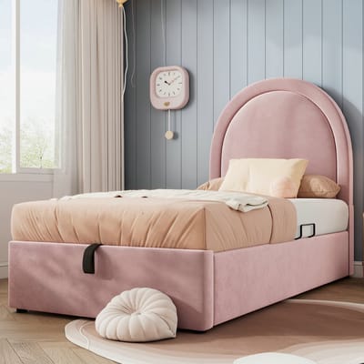 VVBV Gestoffeerd Kinderbed 90x200 cm - Voor Kinderen/Tieners - Fluweel Roze - Zonder Matras