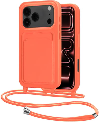 Hoes Geschikt voor iPhone 17 Pro Hoesje Pasjeshouder Cover Met Koord Case Siliconen Hoes Met Telefoonkoord en Kaarthouder - Papaya