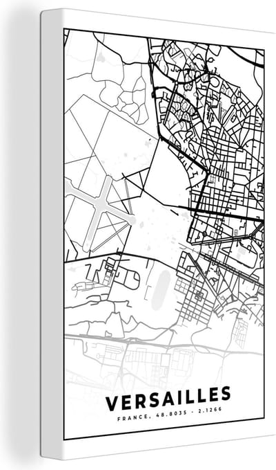 Canvas Schilderij Kaart - Stadskaart - Versailles - Frankrijk - Plattegrond - Zwart wit - 20x30 cm - Wanddecoratie