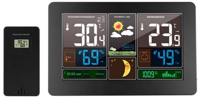 GELLDG Draadloos weerstation - met buitensensor - kleurendisplay - toont weersvoorspelling, temperatuur en luchtvochtigheid - met snooze-functie - zendbereik van 60 meter - geschikt voor binnen- en buitengebruik