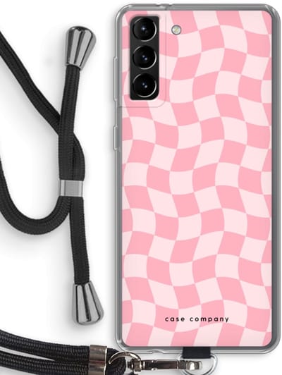 Case Company® - Hoesje met koord geschikt voor Samsung Galaxy S21 Plus hoesje met Koord - Grid Roos - Telefoonhoesje met Zwart Koord - Bescherming aan alle Kanten en Over de Schermrand
