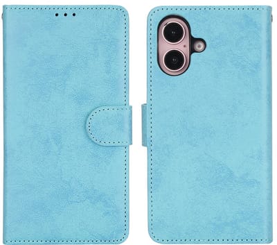 Classic Wallet Case Hoesje geschikt voor iPhone 16 Plus - lichtblauw- Twee in één hoes - Magnetische Hoes met Pashouder - Luxe en Praktisch - Ideaal voor Pasjes en Kaarten - Duurzaam Design