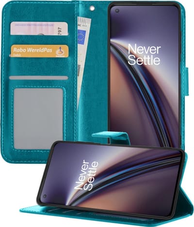 Hoesje - Met Pasjeshouder - Geschikt voor OnePlus Nord CE - Luxe Bookcase Portemonee - Flip Case - Kunstleer Book Case - Flipcase - Book Cover - Walletcase - Portemonneehoes - Telefoonhoesjes - Turquoise