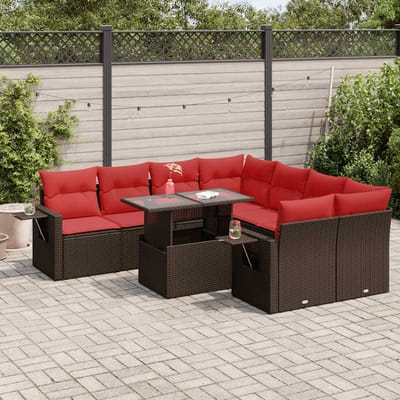 vidaXL - 9-delige - Loungeset - met - kussens - poly - rattan - acacia - bruin