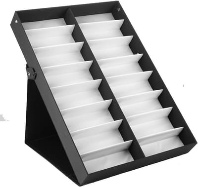 Glazen Display Case met 16 vakken voor Zonnebrillen - Organizer en Opbergdoos in Zwart en Wit, Ideaal voor Accessoires en Verzorging