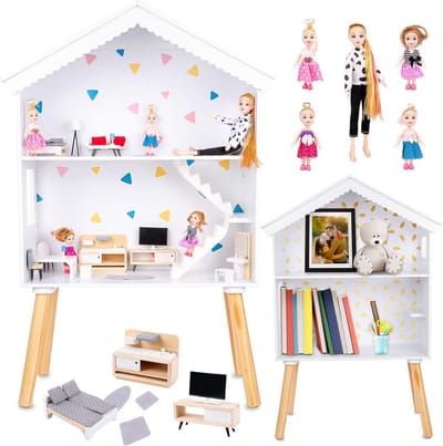 Houten Poppenhuis - Speelhuis Meisjes - Uren Speelplezier - Inclusief 22 Accessoires - 100 cm Hoog - Wit