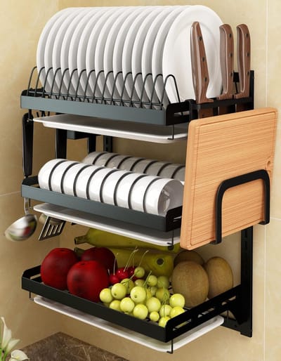 roestvrijstalen droogrek fruit groente opbergmand met afvoerplank keukenbenodigdheden plank gebruiksvoorwerpen organizer (3-tier)