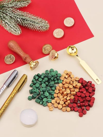 Candala Kerst Lakzegel Stempel Kit, Kalolary Lakzegel Stempel Messing Hoofd 300 Zegellak Kralen 2 Metalen Pen Houten Gevest Smeltende Lepel Theekaarsen Kaart Envelop Huwelijksuitnodiging Geschenkverpakking