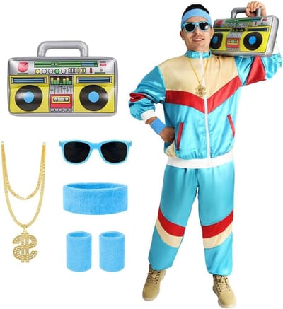 Retro 80s Kostuum voor Mannen en Vrouwen met Dollar Ketting en Opblaasbare Radio, Perfect voor Carnaval, Halloween en Feestjes, Neon Outfit voor Cosplay en Rocksterstijl