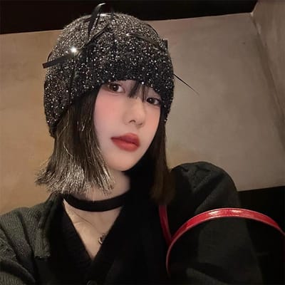 Nouveau Chapeau Coréen pour Femmes avec Nœuds Automne Hiver Sac Chapeau de Tête Grande Circonférence de Tête Petit Chapeau Froid Polyvalent Paillettes Chapeau en Poils Average size black