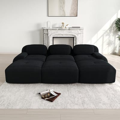BLACKCOLORS Modulaire 3-zitsbank met 3 poefs van corduroy, levering zonder montage, geschikt voor huisdieren, extra brede armleuningen, zeer elastische 32D-vulling voor woonkamer en thuisbioscoop, zwart