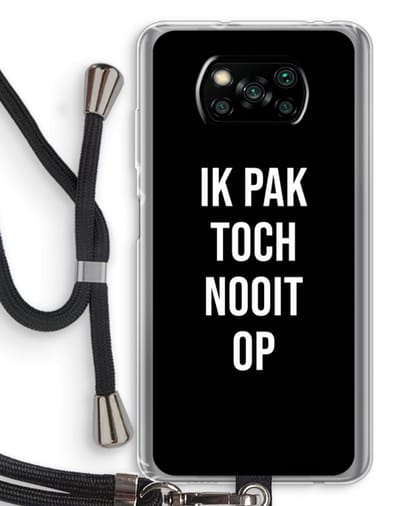 Case Company® - Hoesje met koord geschikt voor Poco X3 Pro hoesje met Koord - Ik pak nooit op - Zwart - Telefoonhoesje met Zwart Koord - Bescherming aan alle Kanten en Over de Schermrand