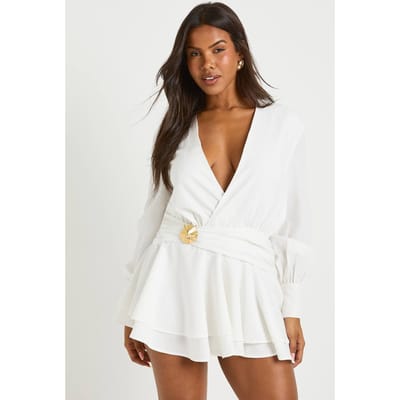 boohoo Dames Getextureerde hemdjurk met gouden afwerking en verlaagde zoom | White | Maat: 8