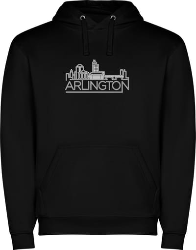 Zwarte unisex hoodie met “ Kleurrijke Sky Line Arlington Texas – Vakantiegevoel – Strak – Modern “ Print Full Color Color merk Roly maat S