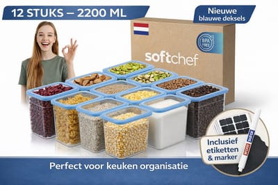Soft Chef Viola Bewaardozen Set - 12 Delig – 2200 ml – Rechthoek – BPA Vrij – Keuken Opbergdozen – Keuken Organiser – Voorraadpotten – Blauwe Deksels