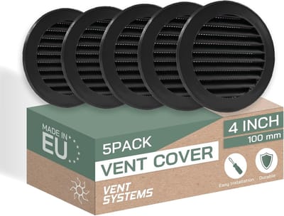 Zwarte Ronde Binnenklep 4 Inch - Luchtafsluiter met Ingebouwd Insectenscherm voor Badkamer, Thuiskantoor, Keuken - Set van 5