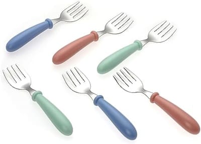 PromoHome Baby Vorken Set van 6 Stuks - Siliconen Greep, Roestvrij Staal, Zacht en Veilig Bestek voor Zelfvoeding, Geschikt voor Baby's en Kinderen, Vaatwasmachinebestendig