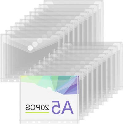 Set van 20 A5 Document Compartimenten, Transparante Documentenmap, Waterdicht en Organisatie voor Documenten, 7 Gaten Bevestiging, Ideaal voor Archiveren en Opslaan (23 x 18 cm)