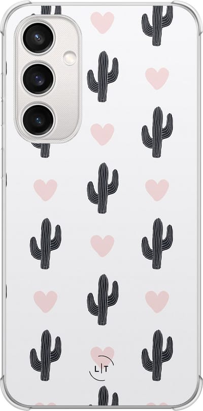 Shockproof hoesje - Geschikt voor Samsung Galaxy S23 FE - Cactus hartjes - Extra sterke case - TPU/polycarbonaat - Planten - Wit, Transparant