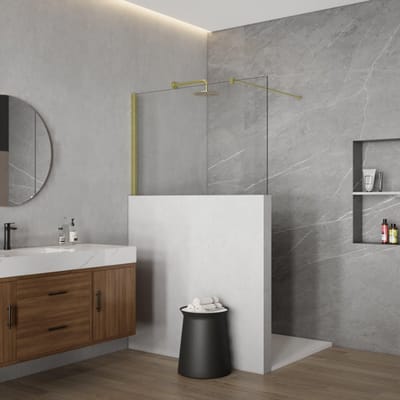 FugaFlow Eccelente Vetro Halfhoge Inloopdouche - 110x80cm - helder glas - 8mm - nano - met profiel en stabilisatiestang - Geborsteld Messing PVD (Goud)