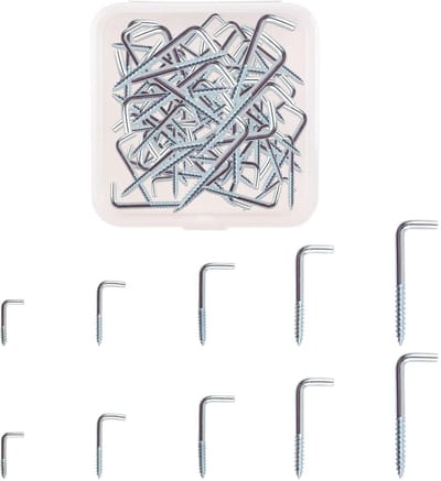 Schroefhaken, 120 stuks, 5 maten, L-vormige haken, schouderloze dressoir, bekerhaken, haakse haken, zelftappende schroefhaken voor binnen en buiten (zilver)