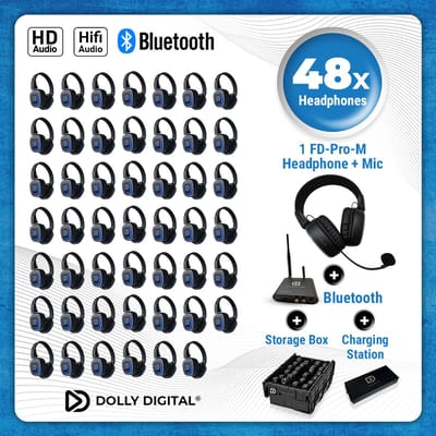 48 set Silent Disco Pro Box Bluetooth | 48 HiFi Headsets FD-Pro, Oplaadbare zender T80-Pro Bluetooth, oplaadstation | DOLLY DIGITAL©