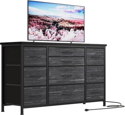 Stoffen tv-meubel met 3-voudige stopcontacten-Slaapkamerkast met lades-metalen frame-houten blad- kast met 10 lades- voor slaapkamer- woonkamer- zwart