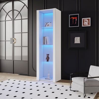 OKWISH Vitrinekast 55x38x166cm - Vitrine Kast met LED-Verlichting en Glasplaten - Modern - Spaanplaat - Wit