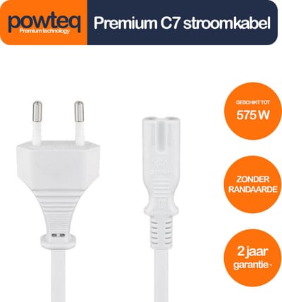Powteq - 1.8 meter premium stroomkabel - Eurostekker naar C7 - Wit - Tot 2.5 ampère
