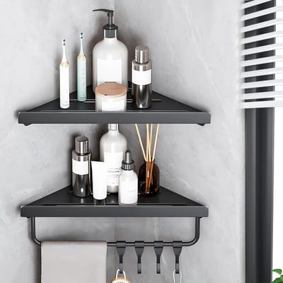 Hoekdoucheplank met 2 lagen, wanddoucheorganizer met 4 haken, wandmontage badkamerrek voor shampoo, cosmetica, handdoeken, zelfklevend of boorinstallatie