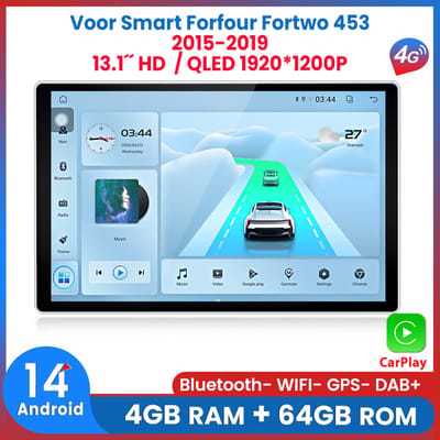 Awesafe 13.1 Inch Autoradio - Geschikt Voor Smart Forfour Fortwo 453 2015 t/m 2019 - QLED 1920*1200P - RAM 4GB + ROM 64GB - 8 Kern V1PRO - Draadloos Apple Carplay & Android auto - GPS Navigatie 4G WIFI & Bluetooth - Ondersteuning invoegen 4G SIM