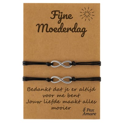 Moeder Dochter Armbandjes voor 2 "Fijne Moederdag" - Oneindigheidsteken - Moeder Kind Armbandjes met Persoonlijk Cadeau Kaartje voor mama - Zilverkleurig - Elastisch Verstelbaar - Pax Amare