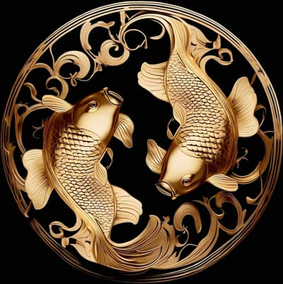 Canvas Schilderij - yin yang carp - karper - wc - woonkamer - art - visser - vis - tekening - goud - kunst - zwart - gang - kantoor - keuken -
