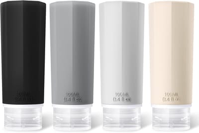 Famanu – Set van 4 siliconen reisflessen - 100 ml - reisflessen om te vullen - cosmetica - shampoo - vloeistoffen - lekvrij - navulbare lege reisset - reisformaat - containers - reisflessenset - reisset