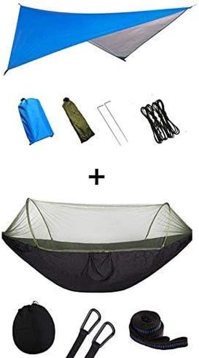 Hangmat Set - Kampeer Hangmat - Outdoor Ontspanning - Met Klamboe - 250 x 120cm - Blauw Zwart