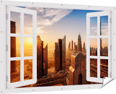 Gards Tuinposter Doorkijk Dubai Stad bij Zonsopgang - 180x120 cm - Tuindoek - Tuindecoratie - Wanddecoratie buiten - Tuinschilderij