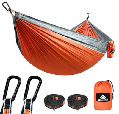 NatureFun ultralichte hangmat voor kamperen en reizen, draagvermogen 300 kg, 275 x 140 cm, ademend, sneldrogend nylon voor parachutes, 2 premium karabijnhaken, 2 nylon riemen inbegrepen