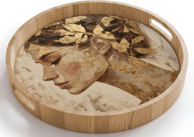 Dienblad rond 40x40 cm - Schootdienblad hout - Vrouw - Goud - Abstract - Textuur - Borrelplank rechthoek - Plateau houten dienbladen