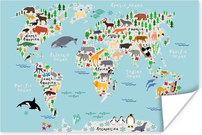 Poster voor kinderen - Schilderij kids - Wanddecoratie kinderkamer - Wereldkaart - Kinderen - Dieren - Blauw - Orka - Walvis - 30x20 cm