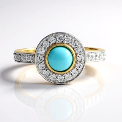 Cavill - Ring Verguld 925 Sterling Zilver - Sleeping Beauty Turkoois Cabochon 0,45 ct - Cambodjaanse Zirkonia 1,06 ct - Luxe Zilveren Ring Dames